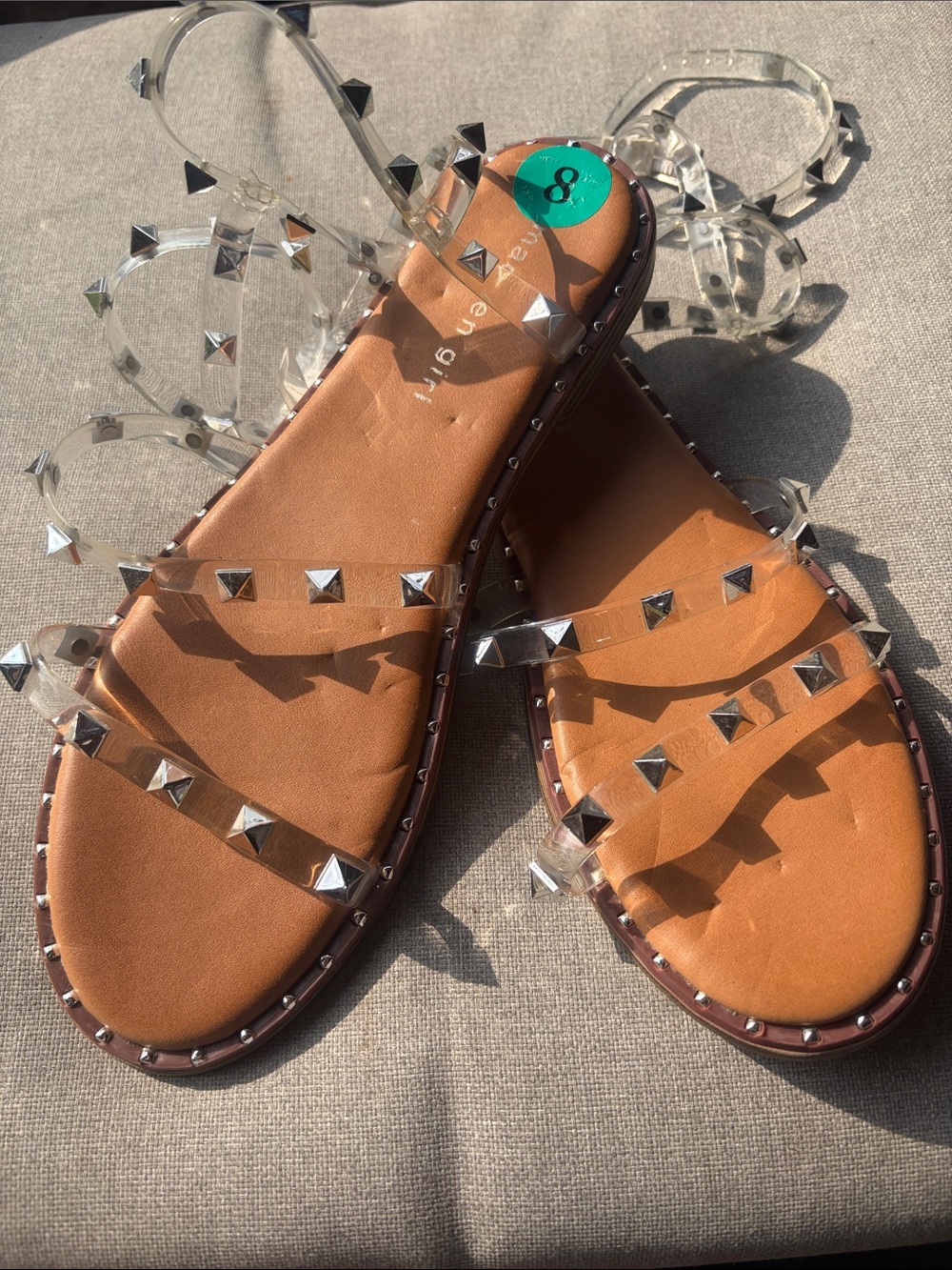 Madden Girl Tan Slide Sandals with Clear Studded Straps